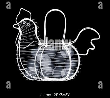 Wire egg basket in shape of a chicken, X-ray. Stock Photo