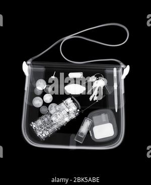 Handbag with various items, X-ray. Stock Photo