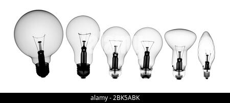 Different shaped light bulbs in a row, X-ray. Stock Photo