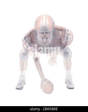 American football player skeleton, coloured X-ray. Stock Photo