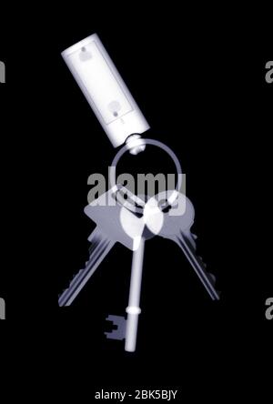 Key ring with three keys, X-ray. Stock Photo