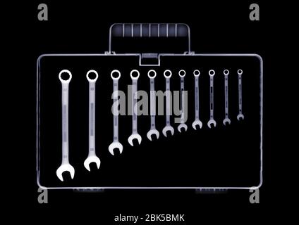 Tool box with wrenches in descending order, X-ray. Stock Photo
