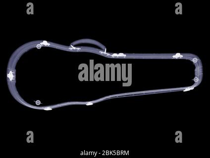Empty violin case, X-ray. Stock Photo