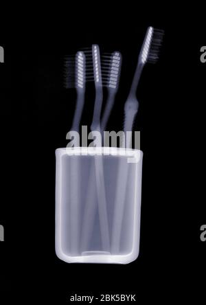 Toothbrushes in a container, X-ray. Stock Photo