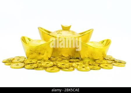 Chinese gold ingots and coins isolated on white background (Foreign text means blessing) Stock Photo