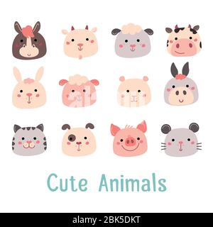 Cartoon farm animal pig, horse, sheep, cow, goat, rabbit, hamster, donkey, cat, dog, mouse.  Stock Vector
