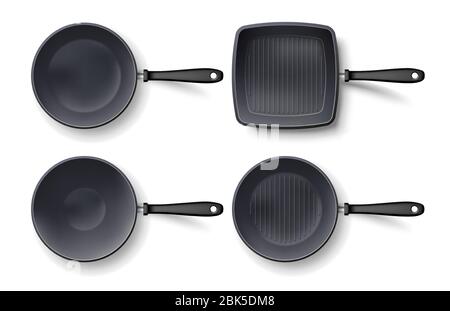 3d empty frying pan set top view, isolated on white. Realistic grill and wok black pan template. Vector illustration Stock Vector