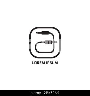 Letter a lowercase alphabet logo design template. Cable jack audio logo concept with rounded square shape. Black and white Stock Vector