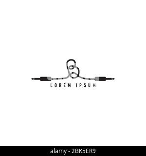 Letter B uppercase alphabet logo design template. Cable jack audio logo concept. Black and white Stock Vector