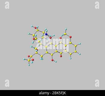 Doxorubicin (Adriamycin) also known as hydroxydaunorubicin is a drug used in cancer chemotherapy and derived by chemical semisynthesis from a bacteria Stock Photo