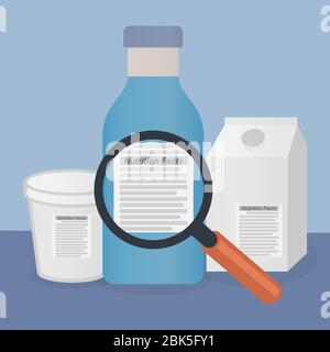 Magnifying glass on a product label with the text nutrition facts, read the label concept Stock Vector