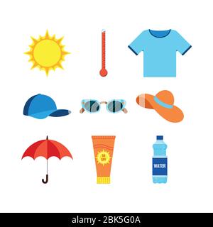Beach and heat stroke prevention infographic icon set. Thermometer, t-shirt, cap, sunglasses, hat, umbrella, bottle of water, sunscreen symbol collect Stock Vector