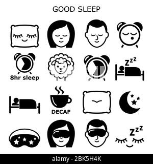 Good sleep hygiene, healthy sleep vector icons people sleeping at night design - health and lifestyle concept Stock Vector