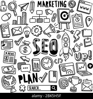 Set of vector doodle element related to search engine optimization. Collection of hand drawn SEO symbols and icons. Stock Vector