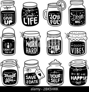 Set of vector doodle element  of inspirational short phrase quotes. Set of positive lifestyle quote labels written on jars. Stock Vector