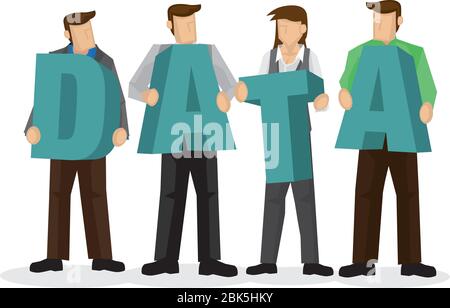 Group of businesspeople carried giant 3D alphabets to form the word Data. Concept of collaboration, teamwork or corporate culture. Isolated vector ill Stock Vector