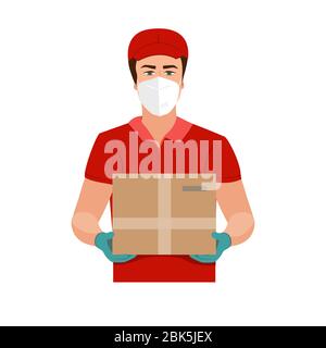 Delivery of goods during the prevention of coronovirus, Covid-19. Courier in a face mask with a box in his hands. Vector flat illustration Stock Vector