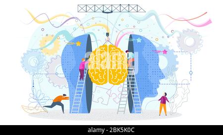 Success knowledge concept. Tiny people insert a brain into a human head Stock Vector