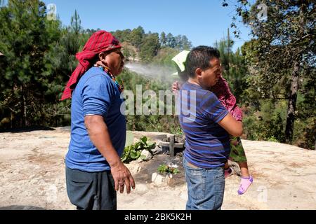 Shaman performing a Mayan healing ceremony for a family on the top of the Pascual Abaj hill, where the sacred stone is found. Some sources indicate th Stock Photo