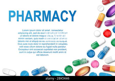 Medical banner with pills and capsule background. Pharmacy Poster with painkiller capsules, vitamins and medical drug. Vector illustration Stock Vector