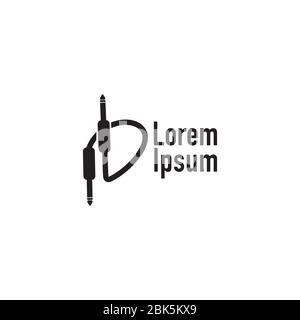 Cable Jack vector illustration forming letter D Alphabet. Audio equipment logo design template, sound system, instrument. Black and White Stock Vector