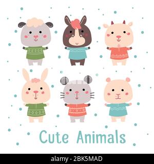 Set of cartoon farm animals sheep, horse, goat, rabbit, mouse, hamster on a white background Stock Vector