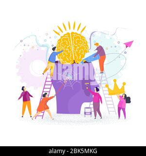 Tiny people insert brain into person head, clean it. Stock Vector