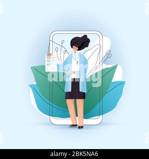 Online telemedicine vector concept with woman character, doctor holding check list for a patient in front of smartphone and medical app. Online doctor Stock Vector