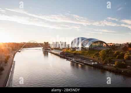 View of Sage Gateshead and the Millennium bridge from Tyne bridge at sunrise, Newcastle upon Tyne, UK Stock Photo