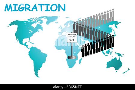 Representation of economic migrants and refugee migration with people queuing for a better future on world map background Stock Photo