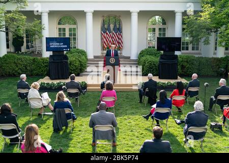 Washington, United States Of America. 27th Apr, 2020. President Donald J. Trump delivers remarks during a coronavirus update briefing Monday, April 27, 2020, in the Rose Garden of the White House. People: President Donald Trump Credit: Storms Media Group/Alamy Live News Stock Photo