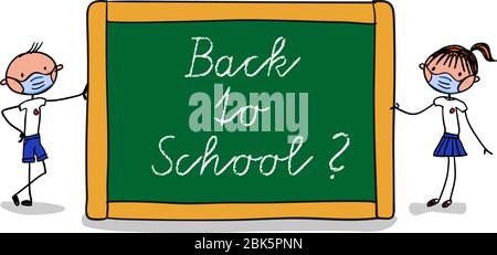 Pupils wearing face masks wanting to go back to school after easing of shutdown - re-opening schools - hand-drawn vector illustration Stock Vector