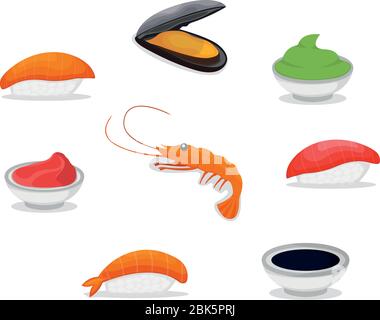 Set of piece fish salmon sushi icon, fresh ocean mussel and shrimp, soy sauce wasabi and ginger cartoon vector illustration. Asian japanese cuisine co Stock Vector