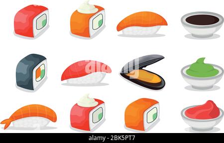Set of piece fish salmon sushi icon, fresh ocean mussel and shrimp, soy sauce wasabi and ginger cartoon vector illustration. Asian japanese cuisine co Stock Vector