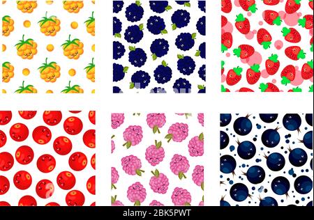 Set of berry patterns. Blackcurrant, cloudberries, strawberries, raspberries and blackberries. Fruit drawings. Patterns for children's textiles and Stock Vector