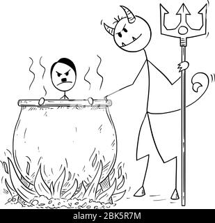 Vector cartoon stick figure drawing conceptual illustration of sinner German Third Reich Nazi Adolf Hitler boiled in cauldron in hell, guarded by evil. Stock Vector