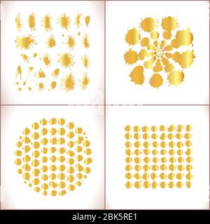 Golden vector paint splats set. Gold grunge elements. Golden inky blot set Stock Vector