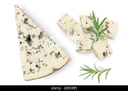 Blue cheese isolated on white background with clipping path and full depth of field. Top view. Flat lay Stock Photo
