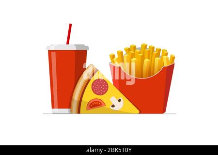 Fast sreet food takeaway lunch meal set. Pizza slice with french fries pack and soft drink soda cup. Flat isolated eps vector illustration Stock Vector