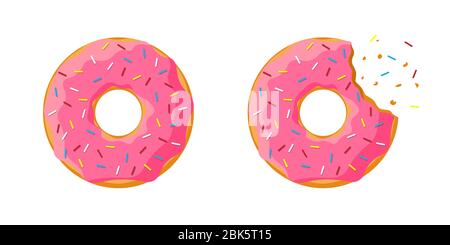 Cartoon colorful tasty donut whole and bitten set isolated on white background. Pink glazed doughnut top view for cake cafe decoration or bakery menu design. Vector flat illustration Stock Vector