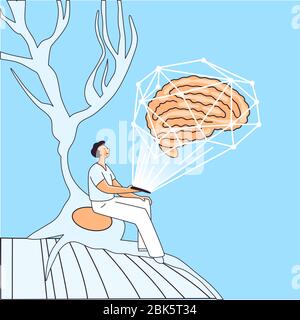 Vector illustration of man character, sitting in a synapce and doing brain research and study brain activities, health, treatment for cerebral disease Stock Vector