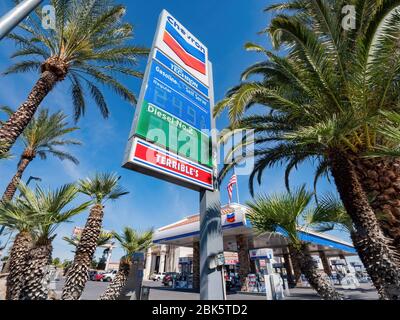 Las Vegas, APR 29, 2020 - Looking up of the Chevron gasoline price sign Stock Photo