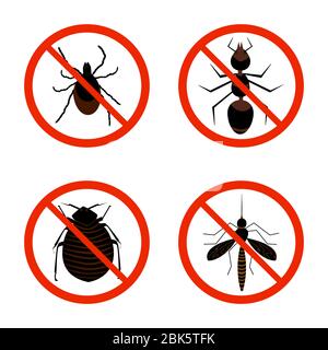 Harmful insects set icon. Collection of red warning signs with of pests, tick, ant, fleas and mosquito. Insect repellent or pest control emblem.Vector Stock Vector