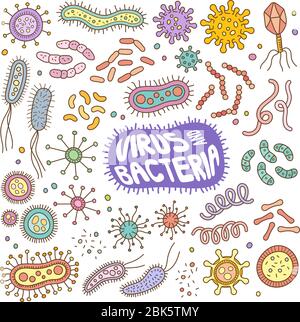 Set of virus and bacteria vector cartoon illustration elements. Various objects of hand-drawn virus and bacteria in doodle color. Stock Vector
