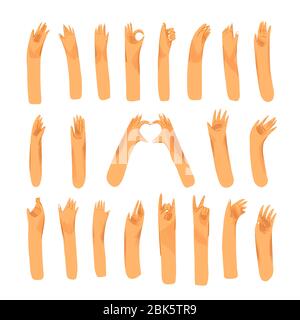 Human hand with collection of signs and hand gestures - ok, love, greetings, peace, waving hands. Man and woman palm hands set Stock Vector