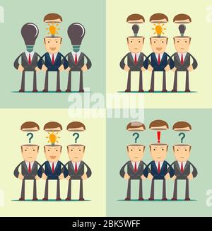 Leadership concept with crowd of business people with question marks and red exclamation mark in the open heads Stock Vector