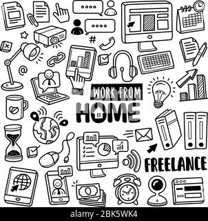 Set of vector doodle element related to work from home. Set of hand drawn work from home symbols and icons. Stock Vector