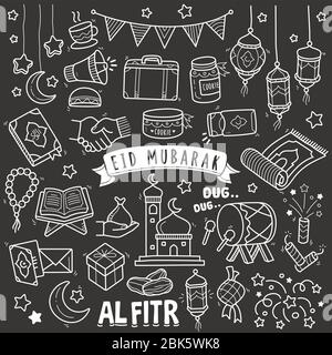 Set of eid mubarak vector doodle element. Various types of hand-drawn eid al fitr elements in chalkboard illustration style Stock Vector