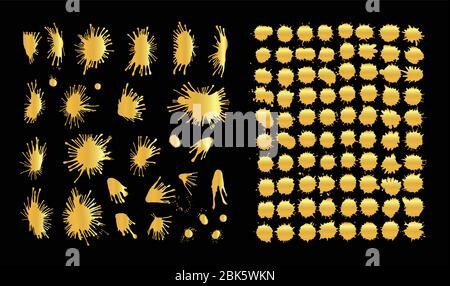 Golden vector paint splats set. Gold grunge elements. Golden inky blot set Stock Vector