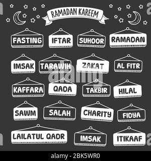Set of ramadan kareem vector doodle element. Various types of hand-drawn ramadan kareem elements in chalkboard illustration style Stock Vector